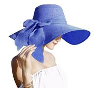Lanzom Womens 5.7 Inches Big Bowknot Straw Hat Large Floppy Foldable Roll up Beach Cap Sun Hat UPF 50+, Royal Blue, One Size