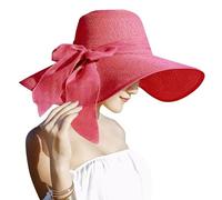 Lanzom Womens 5.7 Inches Big Bowknot Straw Hat Large Floppy Foldable Roll up Beach Cap Sun Hat UPF 50+, Red, One Size