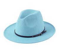 Lanzom Womens Classic Wide Brim Floppy Panama Hat Belt Buckle Wool Fedora Hat, Light Sky Blue, One Size