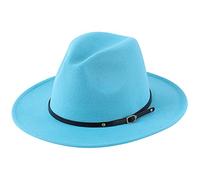 Lanzom Women's Classic Wide Brim Floppy Panama Hat Belt Buckle Wool Fedora Hat, sky blue, One Size