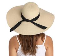 Lanzom Womens Wide Brim Straw Hat Big Floppy Foldable Roll up Cap Beach Sun Hat UPF 50+, Bowknot-Beige, One Size