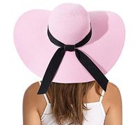 Lanzom Womens Wide Brim Straw Hat Big Floppy Foldable Roll up Cap Beach Sun Hat UPF 50+, Bowknot-pink, One Size
