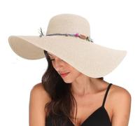 Lanzom Womens Wide Brim Straw Hat Big Floppy Foldable Roll up Cap Beach Sun Hat UPF 50+, Rainbow Bead-beige, One Size
