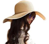 Lanzom Womens Wide Brim Straw Hat Big Floppy Foldable Roll up Cap Beach Sun Hat UPF 50+, Twine-Khaki, One Size