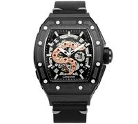 LANZOOM Men's Oversized Mechanical Skeleton Watch,Coiled Serpent Dial with Black Leather Strap, Stainless Steel Case and Luminous Hands,Luxury Gift for Him