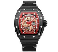 LANZOOM Men's Oversized Mechanical Skeleton Watch,Coiled Serpent Red Dial with Black Leather Strap, Stainless Steel Case and Luminous Hands,Luxury Gift for Him