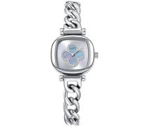 LANZOOM Women's Four-Leaf Clover Square Watch,Blue Nacre Dial,Stainless Steel Bracelet,25mm Small Candy Case,Elegant Minimalist Jewelry Gift