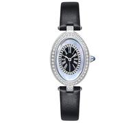 LANZOOM Women's Quartz Watch, Silver Oval Crystal-Set Watch,Roman Numeral Black Inner Dial with Blue Nacre-Encrusted Diamond Outer Dial, Black Leather Strap，3ATM Water Resistance, Black