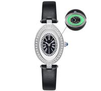 LANZOOM Women's Quartz Watch, Silver Oval Diamond Watch,Roman Numerals Black Inner Dial with Luminous Diamond-Encrusted Outer Dial, Black Leather Strap，3ATM Water Resistance