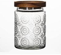 LAOJU Glass Food Storage Jar 700ML Glass Storage Containers with Wooden Lids Airtight Embossed Glass Jars Kitchen Canister
