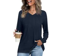 LAOLASI Long Sleeve Shirts for Women Fall Tops Casual Dressy Blouses Fashion Pleated 2024 V Neck Tunic Tops for Leggings, Navy Blue, XXL