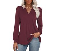 LAOLASI Women's Long Sleeve Tunic Tops 2024 V Neck Casual Shirts Fall Winter Dressy Blouses Pleated Tunic Tops for Leggings, Wine Red, Medium