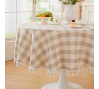 Laolitou Beige Checkered Round Tablecloth Washable Buffalo Plaid Table Cloth with Tassel Cotton Linen Gingham Table Cover for Dining Room, Beige, Round, 60", 2-4 Seats
