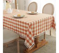 Laolitou Checkered Fall Tablecloth Rectangle Washable Buffalo Plaid Table Cloth with Tassel Cotton Linen Gingham Thanksgiving Table Cover for Dining Room, Orange, Rectangle, 55''x70'', 4-6 Seats