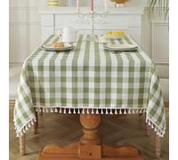 Laolitou Checkered Tablecloth Rectangle Washable Heavy Duty Buffalo Plaid Table Cloth with Tassel Cotton Linen Gingham Table Cover for Spring Picnic Kitchen Dining Room, Green, 55 Inch