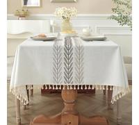 Laolitou Cotton Linen Waterproof Tablecloth for Dining Table Farmhouse Kitchen Rectangle Table Cloth Coffee Wrinkle Free Table Cover, Beige, Wine Leaf, 55x86 Inch