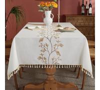 Laolitou Cotton Linen Waterproof Tablecloth for Dining Table Farmhouse Kitchen Rectangle Table Cloth Coffee Wrinkle Free Table Cover, Beige, Coffee Flower, 55x102 Inch