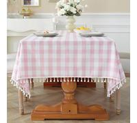 Laolitou Pink Checkered Tablecloth Rectangle Washable Buffalo Plaid Table Cloth with Tassel Cotton Linen Gingham Table Cover for Dining Room, Pink, Rectangle, 55''x86'', 6-8 Seats