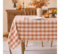 Laolitou Rustic Gingham Tablecloth for Fall Thanksgiving Christmas, Rectangle Table Cloth for Dining Room Kitchen Outdoor Picnic, Cotton Buffalo Plaid Table Cover, Orange, 102 Inch