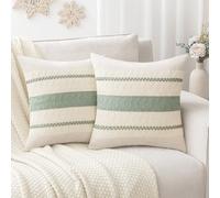 Laolitou Set of 2 Boho Throw Pillow Covers 22×22, Rustic Farmhouse Cotton Linen Soft Sage Green Decorative Pillow Cover for Living Room Sofa Bedroom Couch Cushions Home Decor