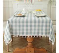 Laolitou Summer Checkered Blue Tablecloth Rectangle Washable Buffalo Plaid Table Cloth with Tassel Cotton Linen Gingham Table Cover for Picnic Kitchen Dining Room, Blue, 86 Inch