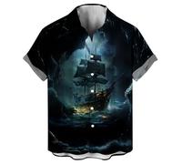 LAOLIUSN Funny Pirate Shirt Pirate Ship Graphic Short Sleeved Button Shirt, Black, 3XL