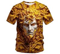 LAOLIUSN Men's Gold Shiny Printed T-Shirt - Golden Ornate Theme, Floral Graphic Tee Shirt