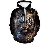 LAOLIUSN Men's Tiger Hoodie - Animal Theme, Realistic Graphic Sweatshirt, Black, X-Large