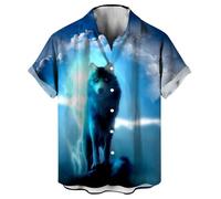 LAOLIUSN Novelty Wolf Shirt Animal Graphic Short Sleeved Button Shirt, Blue, Medium