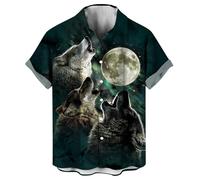 LAOLIUSN Novelty Wolf Shirt Animal Graphic Short Sleeved Button Shirt, Grey, Medium
