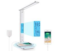 LAOPAO LED Desk Lamp with 10W Wireless Charging and USB Charging Port, 3 Colour Temperatures, 5 Brightness Levels,Touch Control, Time,Temperature,Clock Function for Home Office [White]