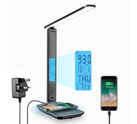 LAOPAO LED Desk Lamp with 10W Wireless Charging and USB Charging Port, 3 Colour Temperatures, 5 Brightness Levels,Touch Control, Time,Temperature,Clock Function for Home Office [Black]