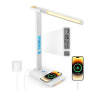 LAOPAO LED Desk Lamp with Wireless Charger - USB Charging Port, Touch Sliding Dimmable Auto Timer Table Lamp with Night Light, Desk Lights with Clock for Study Reading Home Office （White）