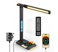 LAOPAO LED Desk Lamp with Wireless Charger - USB Charging Port, Touch Sliding Dimmable Auto Timer Table Lamp with Night Light, Desk Lights with Clock for Study Reading Home Office （Black）