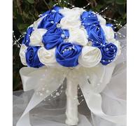 LaoSShu Romantic Wedding Bouquet Bridal Bridesmaid Round Bling Brooch Bouquet Throw Toss Artificial Rose Flower Bunch with Sparkle Rhinestone Crystal Decoration(Royal Blue+Ivory,Dia. 6.3"*16cm)