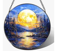 LAOWEIKI 8'' Full Moon Over Forest Lake Suncatcher Ornament, Stained Glass Window Hanging, Sun Catchers for Windows Hanging Ornaments, Window Decor | Gifts for Christmas, Birthday, Father's Day