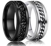 LAOYOU Anxiety Relief Mens Spinner Ring | 8mm Stainless Steel Black Fidget Anxiety Ring Inlay Curb Chain Jewelry Gift Size 6-14, Stainless Steel, No Gemstone