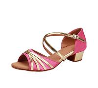 LaoZan Children's Dance Shoes Sequins Latin Dance Shoes Women's Soft Salsa Practice Dance Sandals Low Heel (Rose, Size 26)