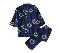 LaoZan Men Women Pyjamas Set 2Pcs Short Sleeve Button Nightwear and Long Pants Soft Breathable Home Loungewear (Navy(Men),Asia L)