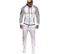LaoZan Men's Classic Tracksuit Set 2Pcs Top Hooded Jacket Stretch Sweatpants Jogging Gym Pants Suits Sportwear Outfits (White#2, Asia L)