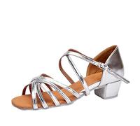 LaoZan Women Children Girl's Latin Dance Shoes Ballroom Performance Training Tango Salsa Dance Sandal Shoes (Silver, Size 32)