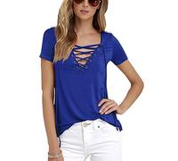 LaoZan Women Elegant Criss Cross Hollow V Neck Short Sleeve Bandage T Shirt Tops Sapphire Blue XL