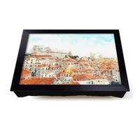 Lap Tray with Bean Bag Cushion, Alfama Lisbon Portugal Skyline | Raised Wooden Edge, Padded Cushion, Heat-Resistant Wipe-Clean Surface, for Meals, Laptops and Crafts