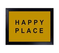 Lap Tray with Bean Bag Cushion, Happy Place Mustard Typography Quote | Handmade in the UK, Raised Wooden Edge, Padded Cushion, Heat-Resistant Wipe-Clean Surface, for Meals, Laptops and Crafts