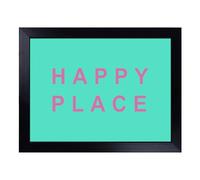 Lap Tray with Bean Bag Cushion, Happy Place Teal Typography Quote | Handmade in the UK, Raised Wooden Edge, Padded Cushion, Heat-Resistant Wipe-Clean Surface, for Meals, Laptops and Crafts