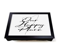 Lap Tray with Bean Bag Cushion, Our Happy Place | Raised Wooden Edge, Padded Cushion, Heat-Resistant Wipe-Clean Surface, for Meals, Laptops and Crafts
