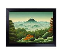 Lap Tray with Bean Bag Cushion, Retro Japanese Forest | Handmade in the UK, Raised Wooden Edge, Padded Cushion, Heat-Resistant Wipe-Clean Surface, for Meals, Laptops and Crafts