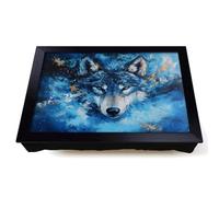 Lap Tray with Bean Bag Cushion, Wolf Design | Handmade in the UK, Raised Wooden Edge, Padded Cushion, Heat-Resistant Wipe-Clean Surface, for Meals, Laptops and Crafts