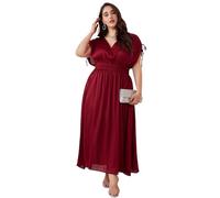 LapaPlus Plus Size Formal Satin Dress for Women - 2025 Summer V Neck Pleated Cocktail Party Maxi Dress Evening Gown Burgundy