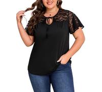 LapaPlus Plus Size Summer Tops for Women Tie Front Bow Knot Crew Neck Lace Ruffle Short Sleeve Tshirts Tee Casual Blouse Black